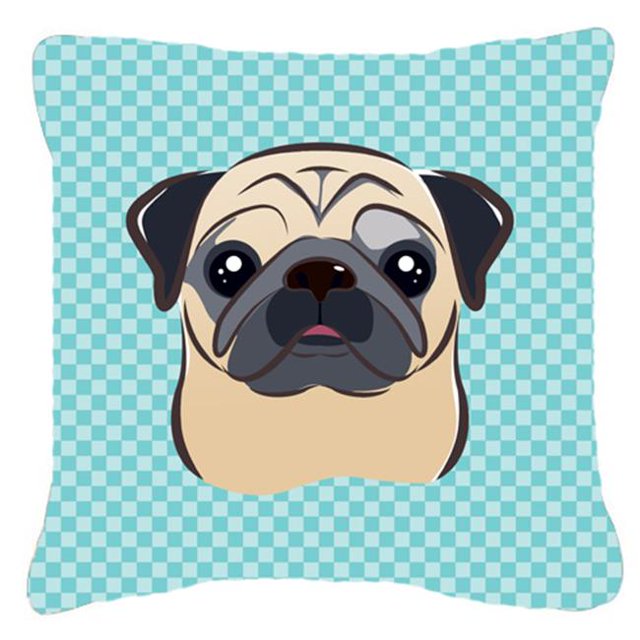 Checkerboard Blue Fawn Pug Fabric Decorative Pillow, 14 x 14 In.