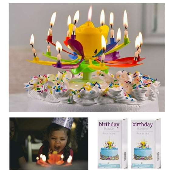 2 Rotating Lotus Musical Flowers Happy Birthday Cake Topper Gift Decor 14 Candle
