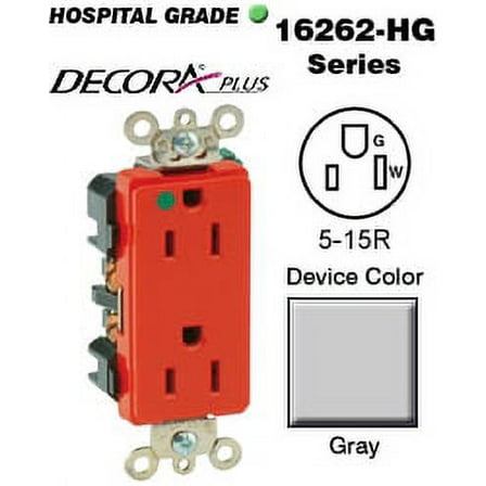 Leviton 16262-HGG Decora Duplex Receptacle Hospital Grade 5-15R 15A 125V BandS Wired - Gray
