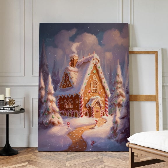 Velto Whimsical Gingerbread House in Snowy Forest Cozy Holiday Candy Cottage Canvas Wall Art with Peppermints and Icing Details, SIZE 8x10 INCLUDE Pine Wood Frame 1.25-Inch