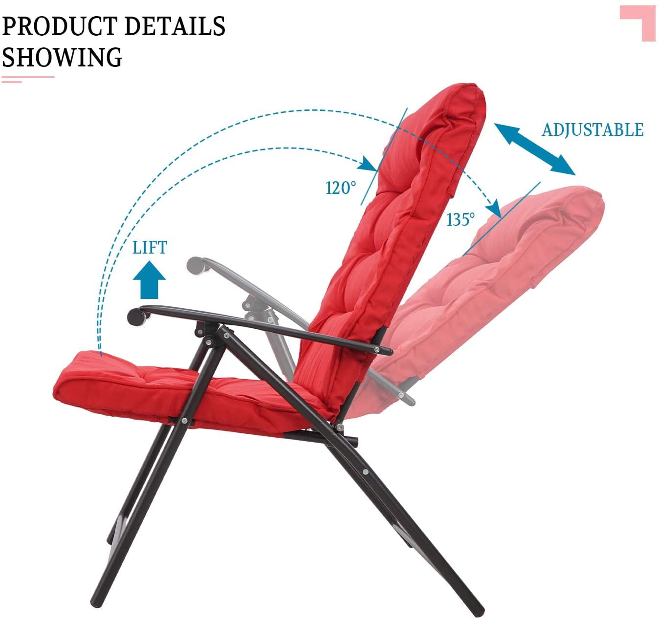 Suncrown Patio Padded Folding 3-Pieces Chair Set Adjustable Reclining Outdoor Furniture Metal Sling Chair with Coffee Table, Red