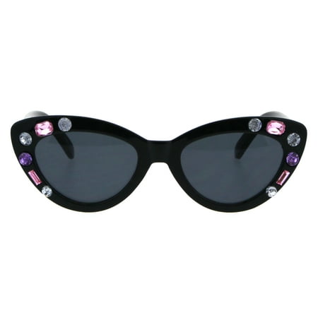 Kids Size Girls Large Rhinestone Bling Thick Plastic Mod Cat Eye Sunglasses All Black