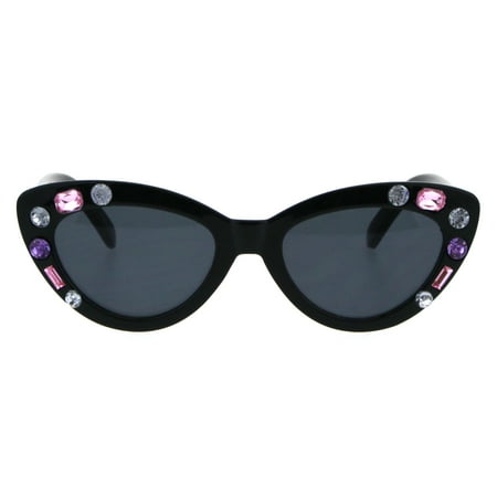 Rhinestone Kids Sunglasses - Kids Size Girls Large Rhinestone Bling Thick Plastic Mod Cat Eye Sunglasses All Black