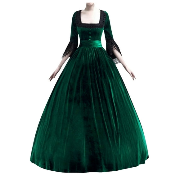 Kcodviy Women Vintage Dresses Square- Gothic Clothing Men Boots Patchwork Lace Three Quarter Gothic Clothing for Juniors Sleeve Floor-Length Gothic Dresses