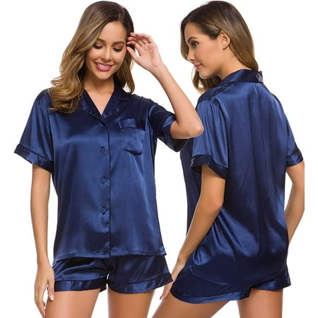 

SWOMOG Womens Silk Satin Pajamas Set Two-piece Pj Sets Sleepwear Loungewear Button-Down Pj Sets Navy Blue-214 X-Large