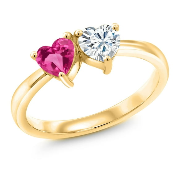 Gem Stone King 18K Yellow Gold Plated Silver Fashion Right-Hand Ring Set with Heart Shape Pink Created Sapphire and Moissanite (1.10 Cttw, Size 9)