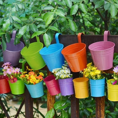 Naler 6Pcs Vintage Hanging Planters,4" Metal Pots with Detachable Hooks,6 Colors Flower Holders Indoor Outdoor Railing Fence Balcony Garden
