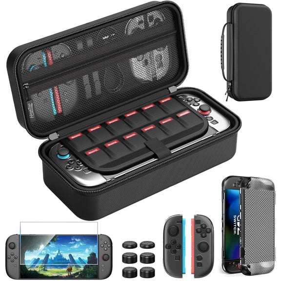 Hard Shell Carrying Case for Nintendo Switch 2 - Portable Travel Case with 12 Game Card Slots, 1 Screen Protector, 1 Protective Cover & 6 Thumb Caps