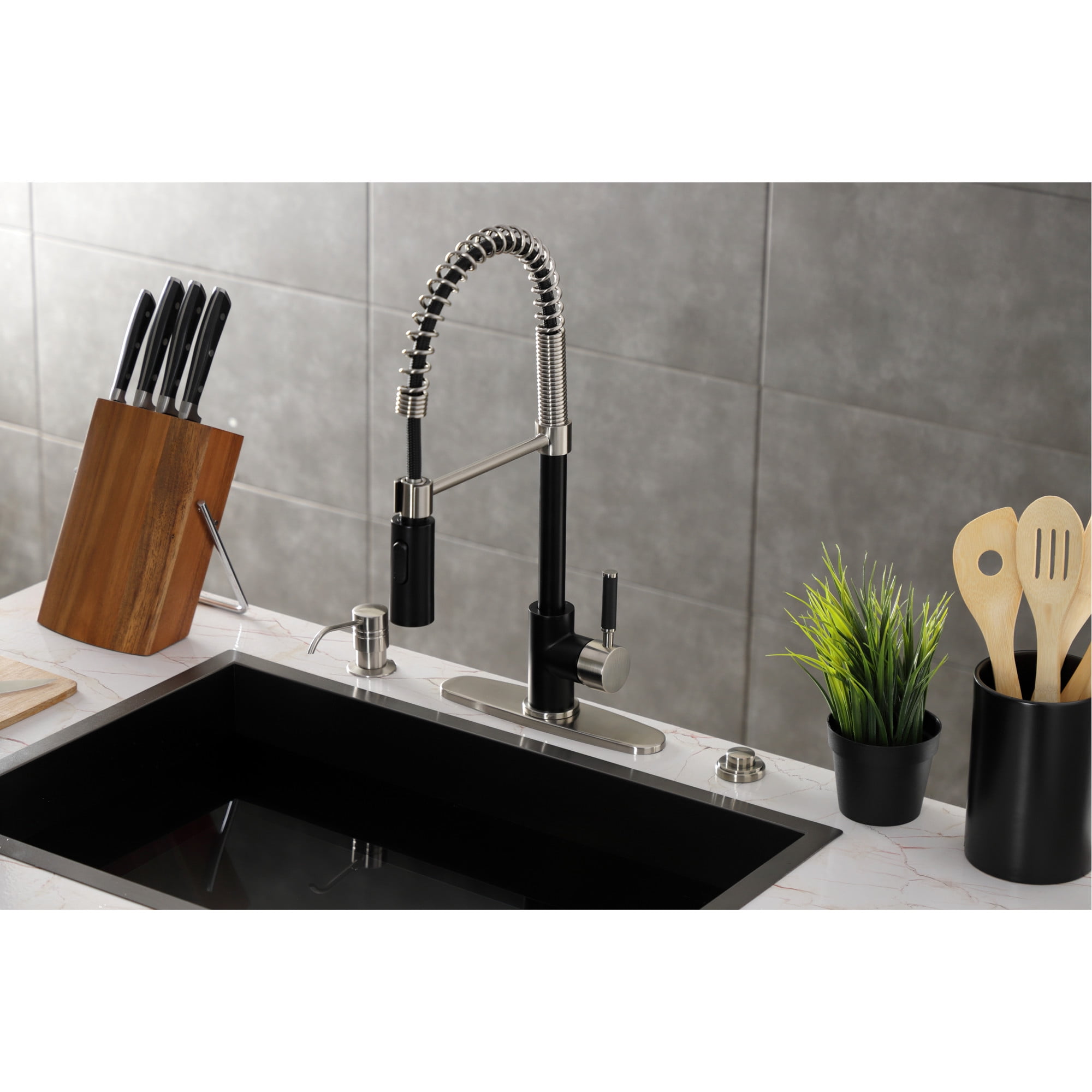 Gourmetier LS8779DKL Kaiser Single-Handle Deck-Mount Pre-Rinse Kitchen Faucet, Matte Black/Brushed Nickel