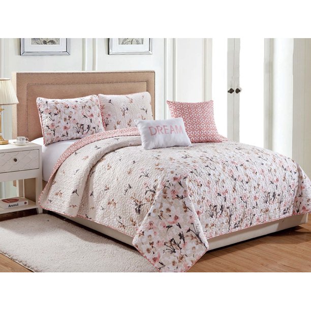 Rose Garden Oversized Floral 5Piece Reversible Quilt Set, FullQueen