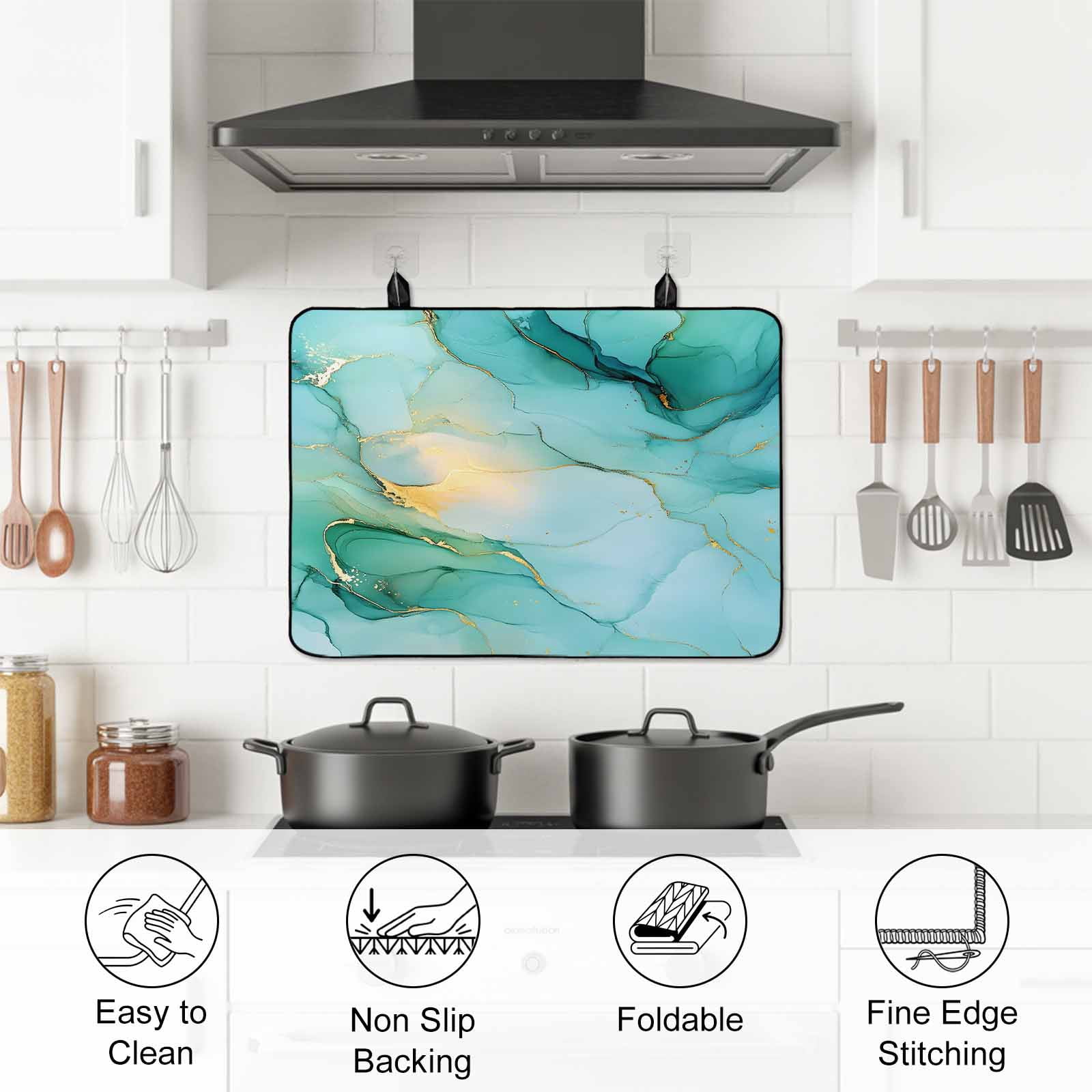 Teal Marble Stove Top Cover for Electric Stove, Heat-proof & Non Slip Glass Top Stove Cover Protector, Abstract Art Modern Ink Painting Kitchen Flat Cooktop Rubber Mat 24x21 Inches