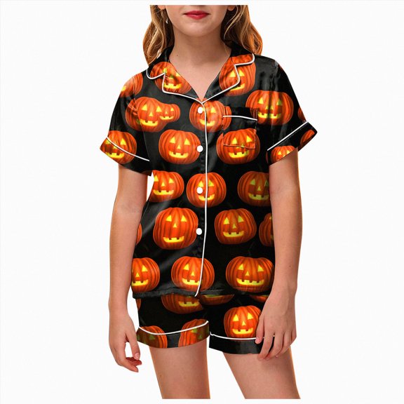 Leey-World Toddler Girl Halloween Pajamas Girls Halloween Button Down sleepwear Short Sleeve With Shorts 2PCS pajama Sets Casual Lapel loungewear