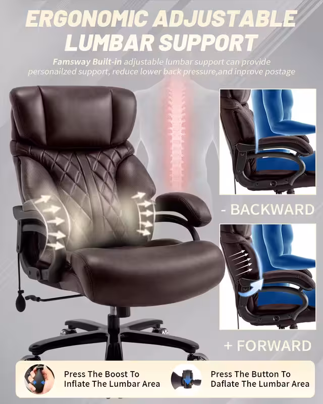 thumbnail image 5 of Qusaphy 800lbs Big and Tall PU Leather Executive Office Chair with Reclining Backrest, Spring Cushion Seat, Lumbar Support & Ergonomic Armrests for Home Office and Conference Room, 5 of 8