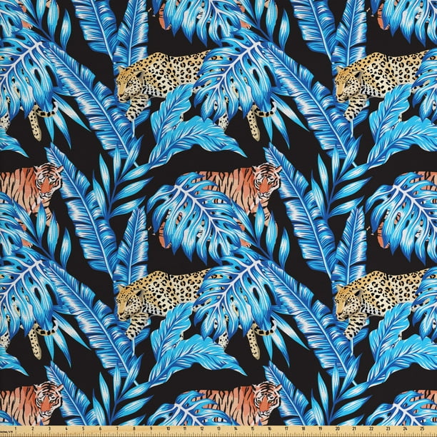 Jaguar Fabric by The Yard, Animals with Blue Tropical Leaves Hawaiian