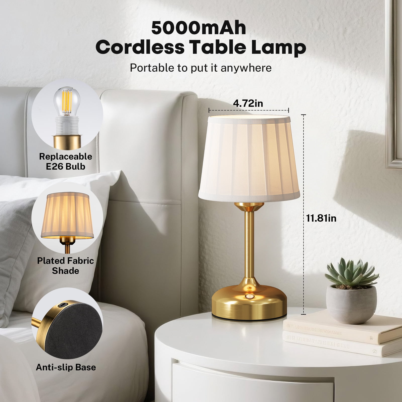 Cordless Rechargeable Table Lamp with Fabric Shade, Battery Operated Lamp, 3 Color Temperature, Touch Stepless Dimmable Desk Light for Bedroom Restaurant Dining Bedside