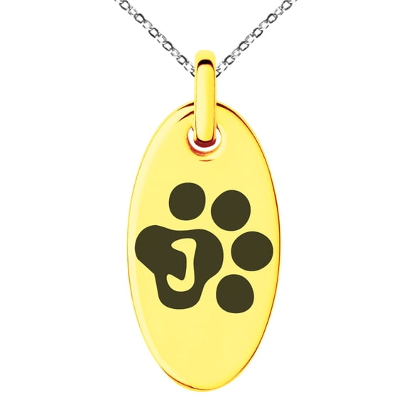 Stainless Steel Letter J Initial Cat Dog Paws Monogram Engraved Small Oval Charm Pendant Necklace