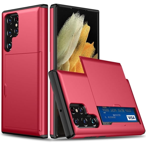 for Samsung S22 Ultra 5G Case with Card Holder, 6.8-inch Slim Dual Layer Heavy Duty Protective Galaxy S22 Ultra Case with Hidden Card Slot and Wallet Function for Samsung S22 Ultra(RED)