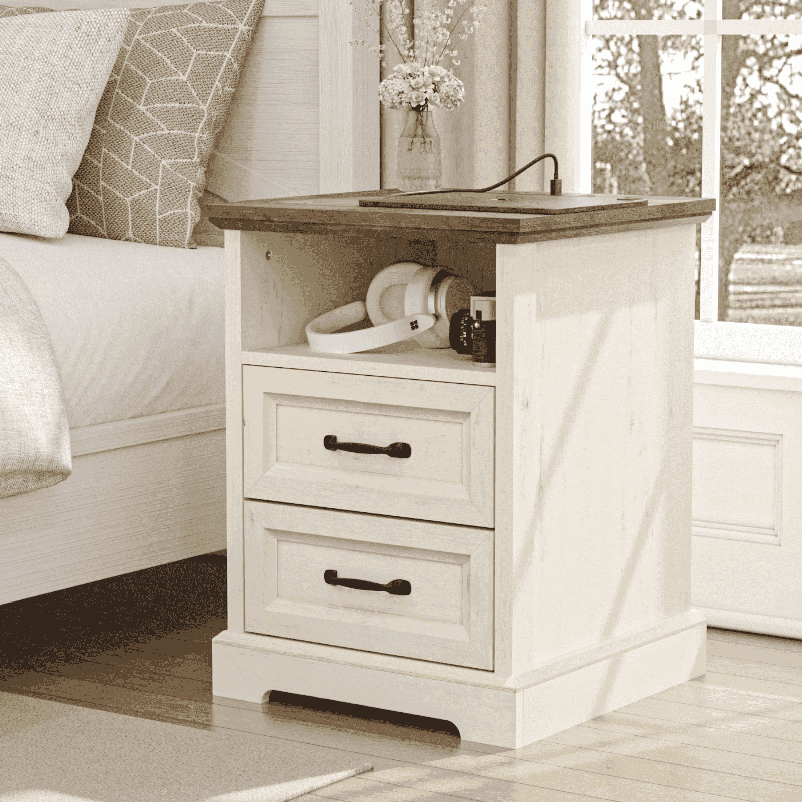 Hommpa 2 Drawers Farmhouse Nightstand with Charging Station, Rustic Bedside Tbale with Drawers for Bedroom, Vintage End Table with Open Shelf for Living Room, Side Table, White