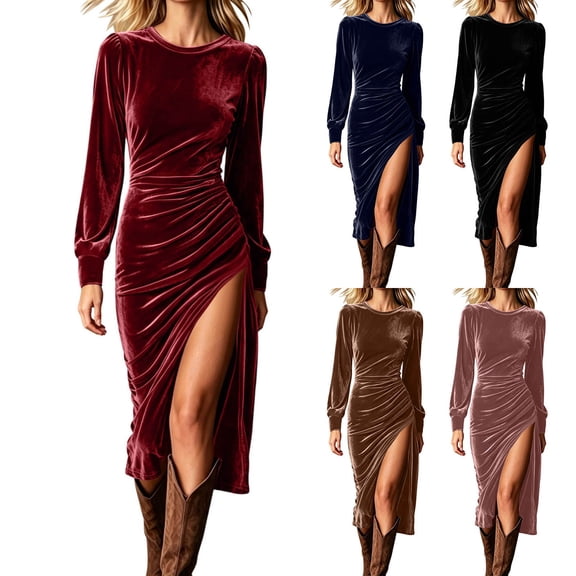 Hueook Prom Dresses for Women Velvet V Neck Long Sleeve Slit Long Evening Gown Dress Black S