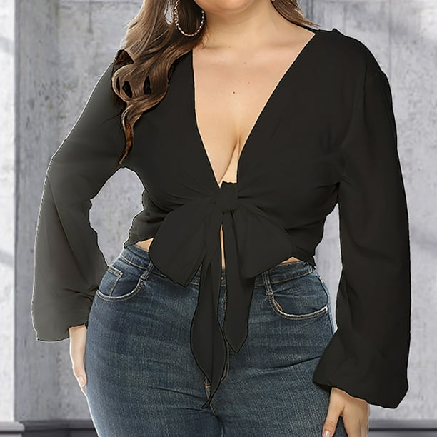 Women's Tie Front Crop Tops Sexy Deep V Neck Long Sleeve Blouse