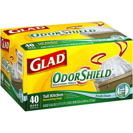 Glad Odor Shield Tall Kitchen Drawstring 13 Gal Trash Bags, Fresh Clean, 40 ct