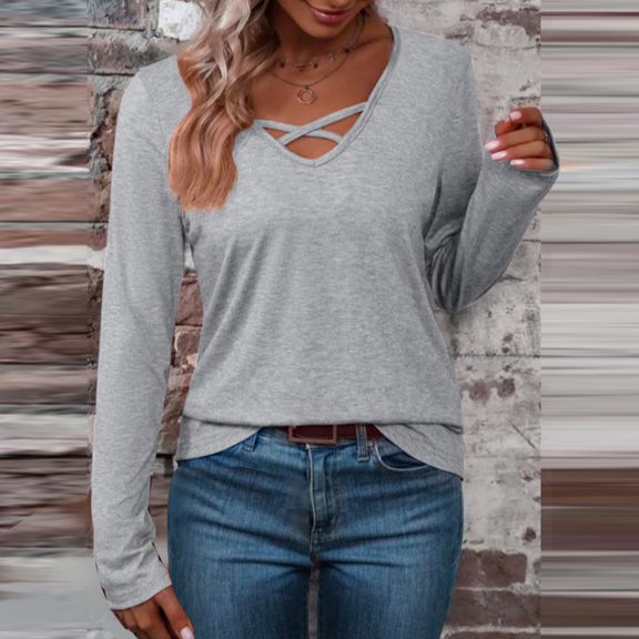 LYEAA Long Sleeve T Shirts for Women V Neck Warm Fashionable Tops Stylish Solid Winter Pullover Comfortable Dressy Casual Outfits Loose Lightweight Clothes Gray M