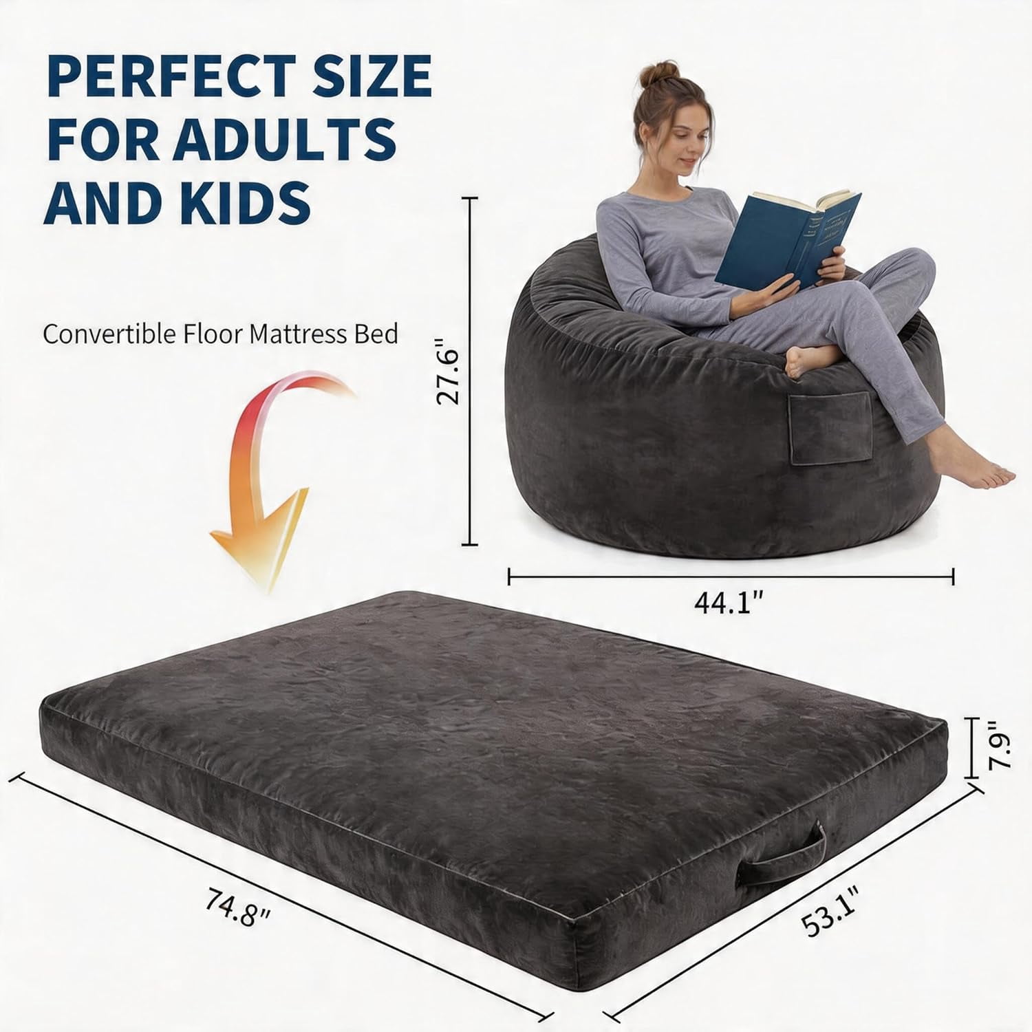 4 in 1 Convertible Bean Bag Chair Bed for Adults 4ft Large Beanbag Chair with High Memory Foam Filler and Removable Cover, Oversized Comfy Flannel Bean Bag Couch Bed Lazy Sofa for Adults Teen
