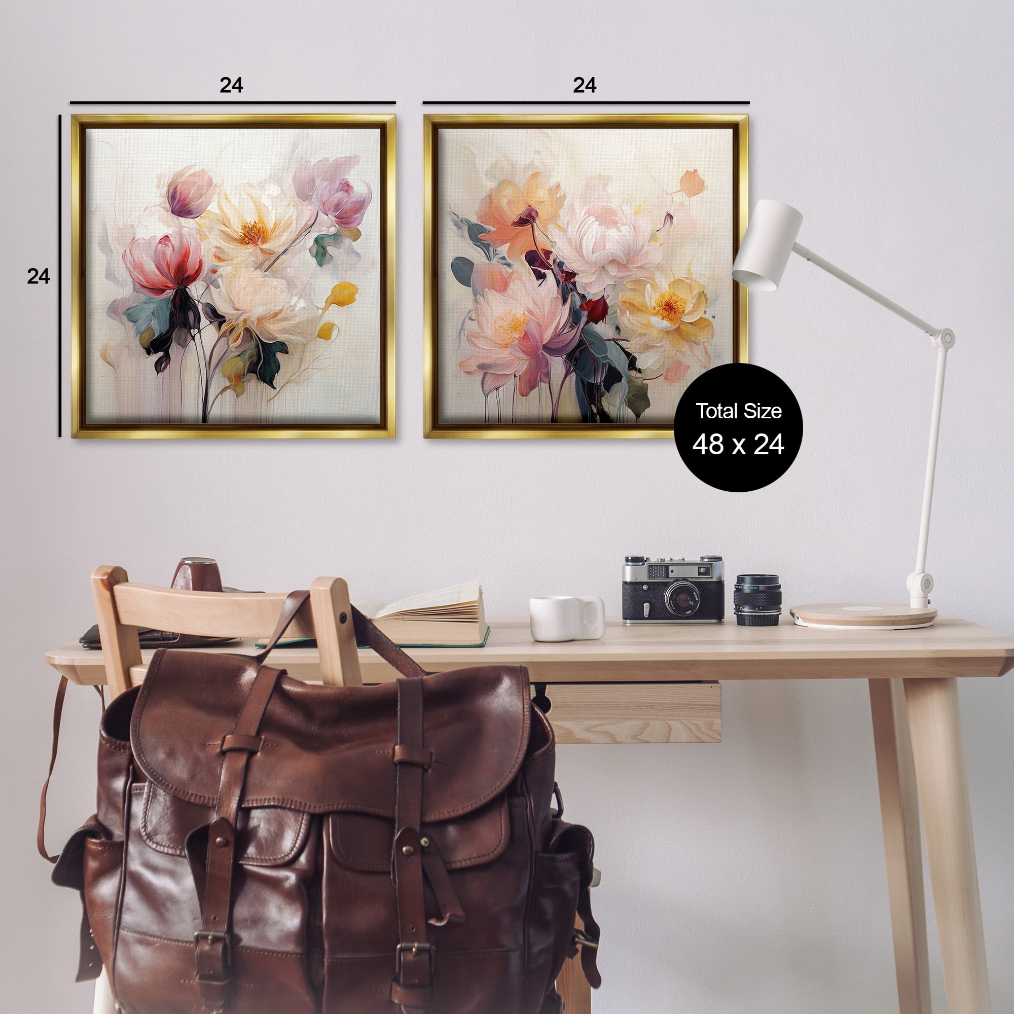 Stupell Industries Soft Blooms on Beige Botanical & Floral Painting Gold Floater Framed Canvas Art Print Wall Art, 25 x 25, Set of 2