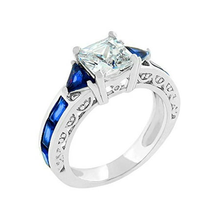 - Ring with Radiant and Trillion Cut Sapphire Blue CZ and Round Cut Clear CZ Along the Shank Size 5