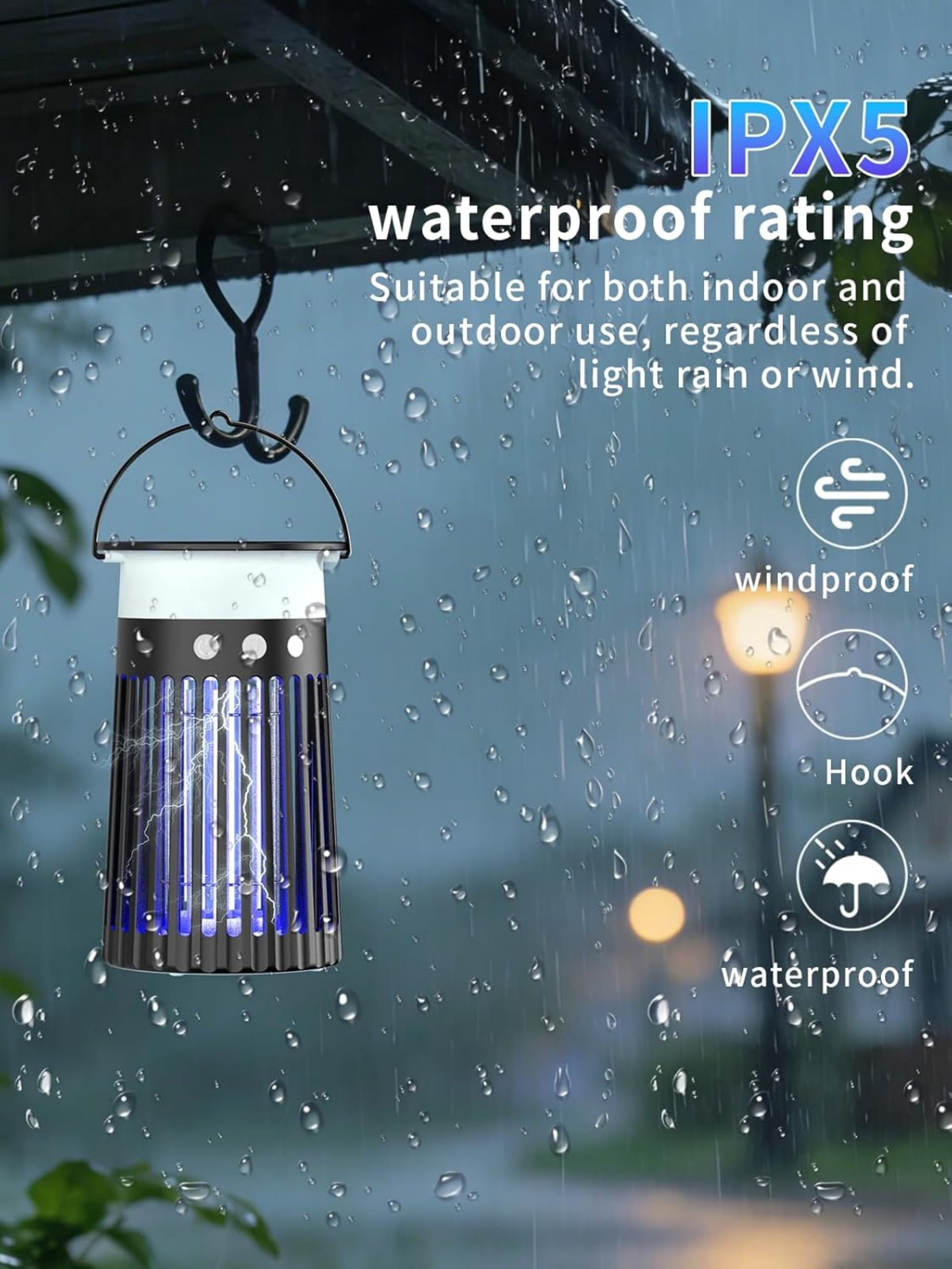 AENKYO Solar Bug Zapper: 4200V Electric Mosquito Killer, USB-C Rechargeable Fly Trap, 2100 sq.ft Coverage