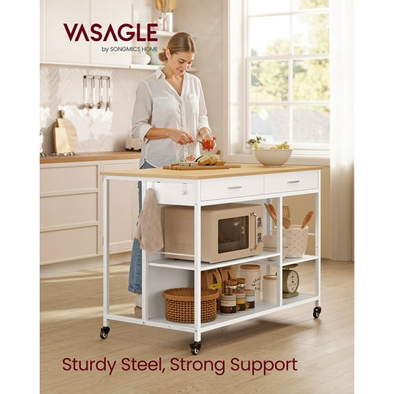 Kitchen Rolling Island Cart with 2 Drawers and Adjustable Shelves, 648 lb Capacity Mobile Workstation on Locking Wheels, 43.3" Wide, Beige and White