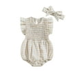 thumbnail image 2 of Baby Girls Summer Casual Romper Short Ruffle Sleeve Crewneck Plaid Playsuit with Headband, 2 of 9