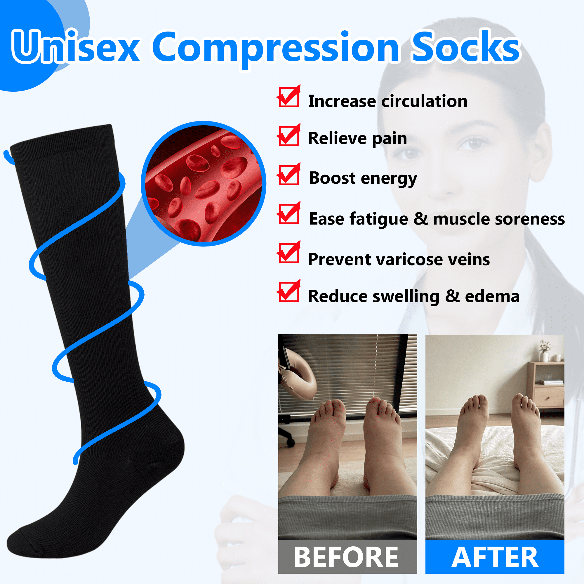 6 Pairs Compression Socks for Women & Men, 15‑20 mmHg Knee High Support Socks, Moisture Wicking, Support Stockings for Nurses, Pregnant, Running, Travel, Hiking