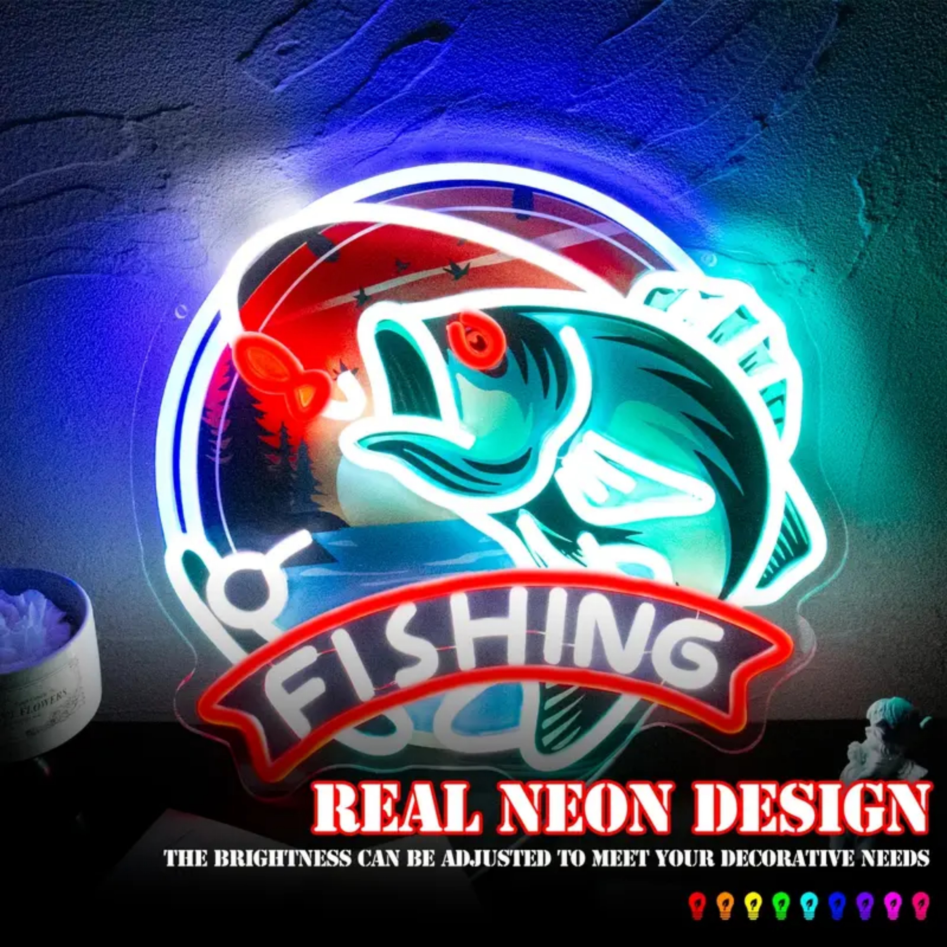 UPONRAY Fishing Neon Signs, 13.7"*12.9" Dimmable & USB-Powered LED Neon Light, Stylish Wall Decor for Home, Beach Bar, Natatorium, Swimming Pool, Fishing Pond