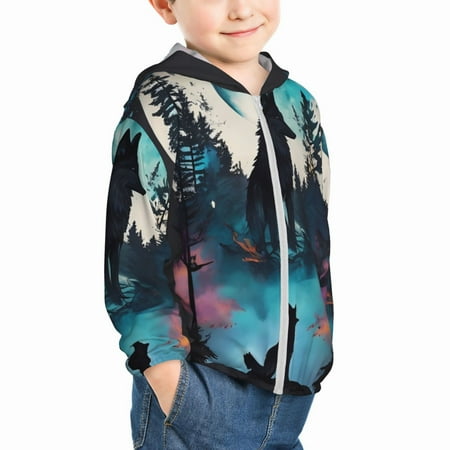 

Uemuo Artistic Moon Valley Wolf Pattern Rash Guard for Boys Girls Long Sleeve Swim Shirts UPF 50+ UV Sun Protection Hooded Fishing Shirt with Pocket for Kid-5 Years