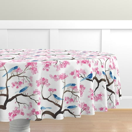 

Cotton Sateen Tablecloth 90 Round - Cherry Blossom Birds Chinoiserie Watercolor Floral Spring Chinese Print Custom Table Linens by Spoonflower