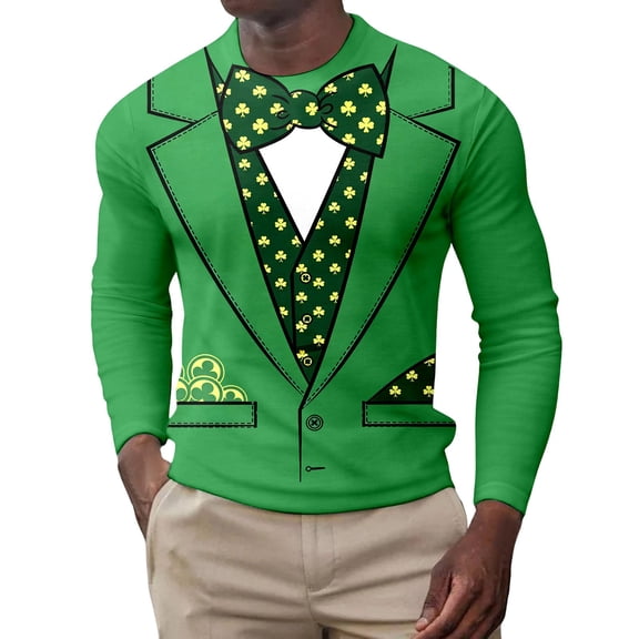 IWRICH St. Patrick's Day T Shirts for Men Long Sleeve Cute Graphic Shamrock Pullover Tops Cozy Crewneck Tees 04-Green XL