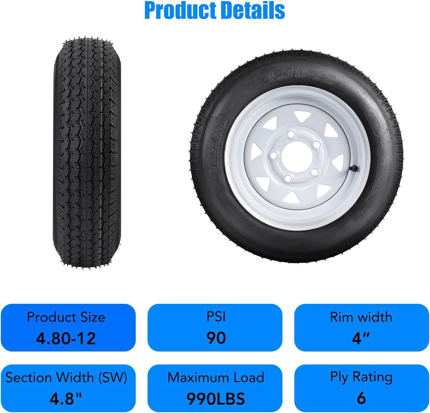 2 Pack 480-12 4.80x12 4.80-12 4.8-12 Trailer Tires with 12'' Rims, 5 Lug on 4.5'', Load Range C 6PR