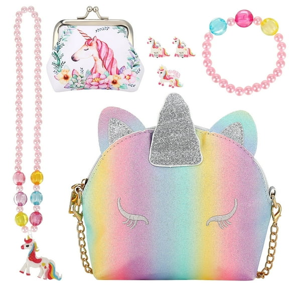 sixwipe Unicorn Purse for Little Girls, 7 Pcs Cute Kids Purse Crossbody Bags with Kids Dress Up Jewelry Set Pretend Play Accessories, Birthday Presents Unicorn Gifts Toy for Girl, Toddler