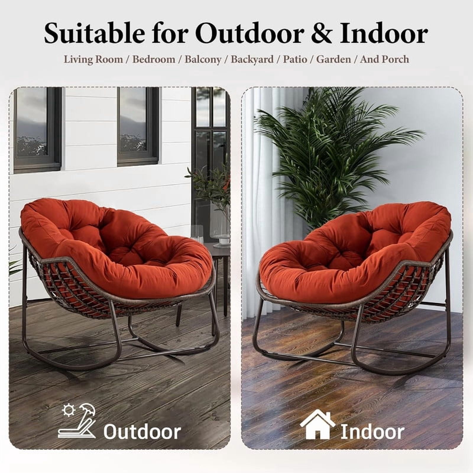 Outdoor Rattan Rocking Chair, Rocking Papasan Chair with Thick Cushion, Comfy Wicker Egg Chairs Lounge Recliner Chair, Padded Cushion Rocker