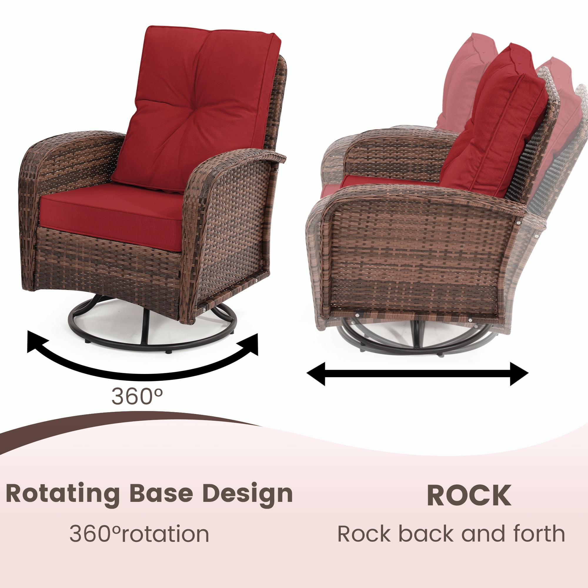 LOGYAT Outdoor Swivel Wicker Pulley Patio Chair with Washable Cushions, Two Chairs and a Tempered Glass Top Table, Ideal for Porches, Balconies, Decks, Brown Rattan， Red Cushion