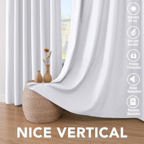 Linen Curtains 100% Blackout Curtains for Bedroom 102 inch Long Full Light Blocking Nature Linen Blended Window Curtains for Living Room Nickel Grommet (2 Panels, Bright White)