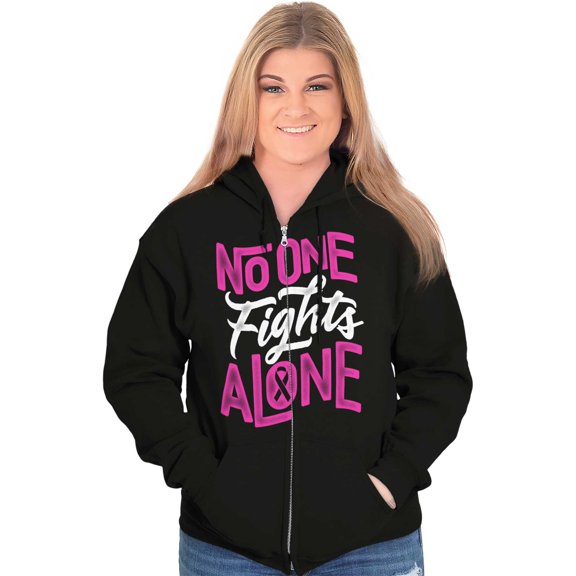 No One Fights Alone Breast Cancer Womens Plus Size Graphic Zipper Hoodie Brisco Brands 2X