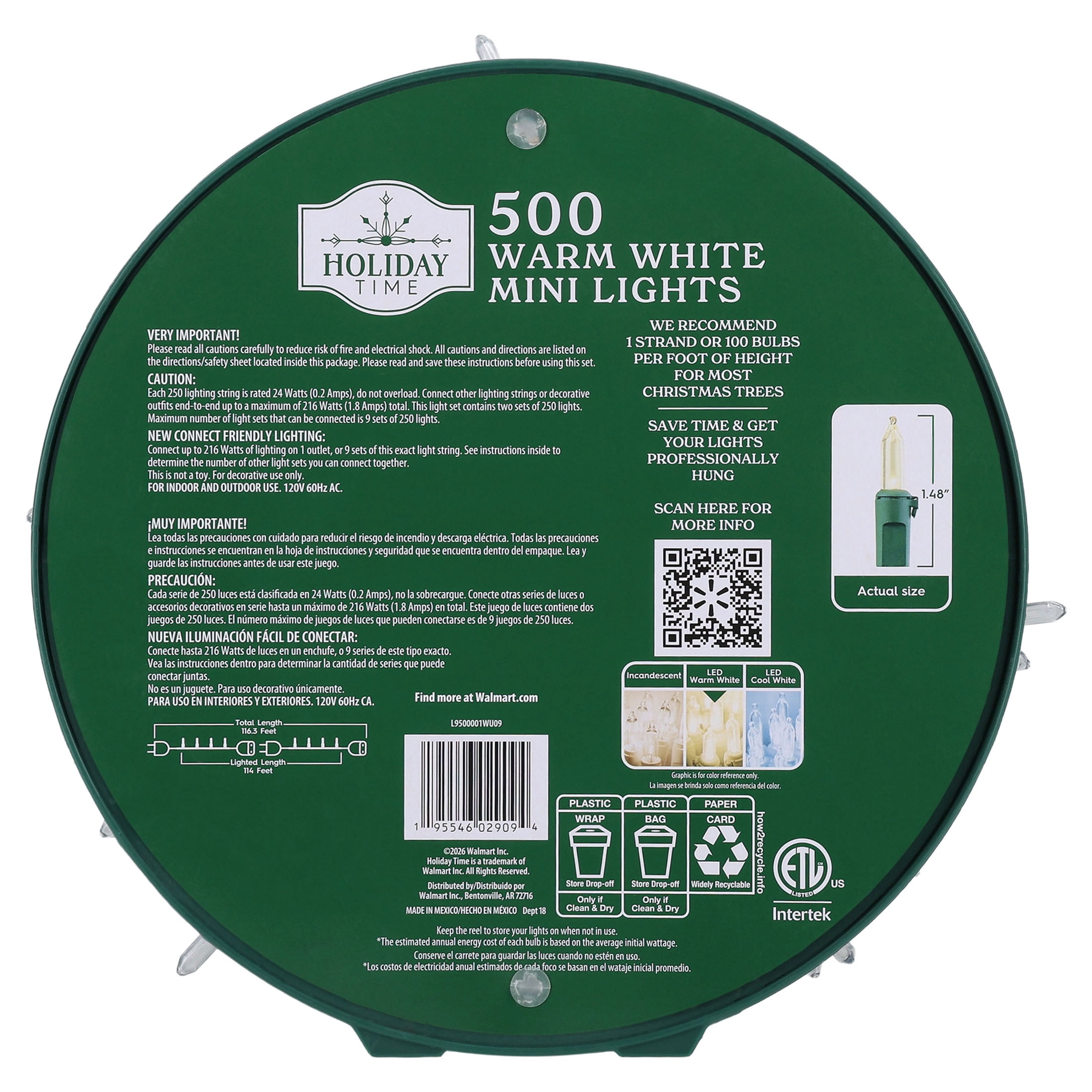 Indoor/Outdoor 500-Count LED Mini Christmas String Lights, Warm White, Green Wire, 114', by Holiday Time