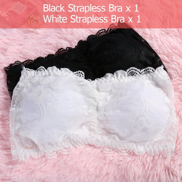 TINKSKY 2pcs Women One Size Strapless Lace Bandeau Bra Padded Removable  Stretch Tube Top Bra (White & Black)