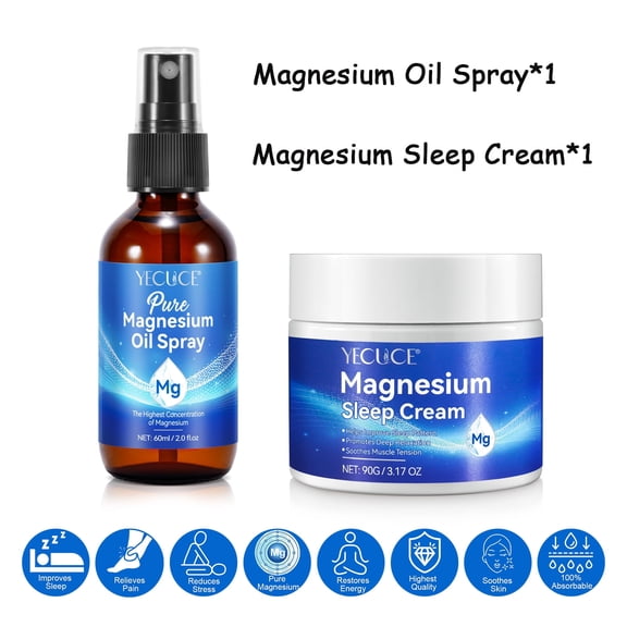 Magnesium Sleep Cream and Pure Magnesium Oil Spray Set, Improves Sleep Quality & Reduces Stress & Anxiety