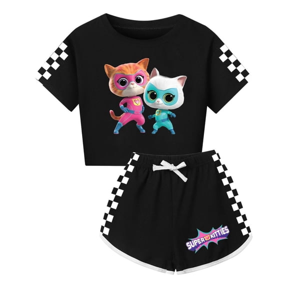Girls SuperKitties Summer Set – 2-Piece Outfit with Cropped Shirt and Shorts for Children
