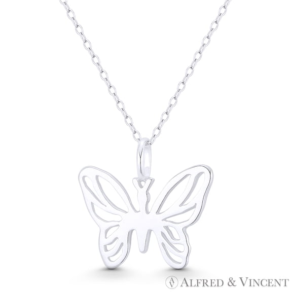 Butterfly Insect Animal Charm 20x22mm (0.8x0.9in) Pendant & Chain Necklace in .925 Sterling Silver