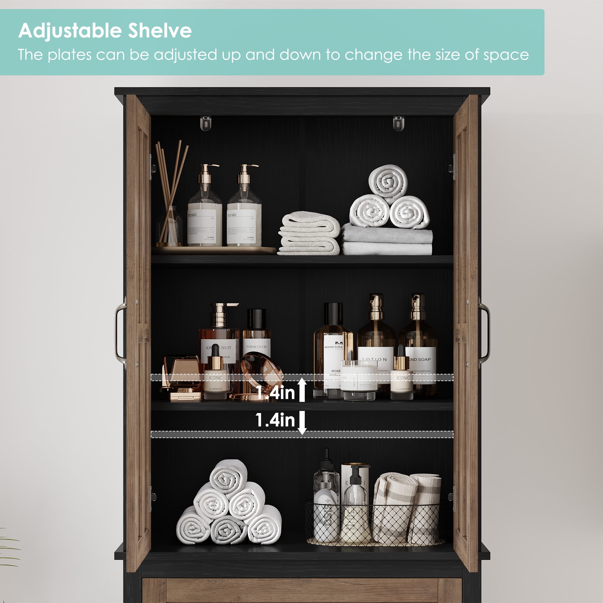 Homfa Modern Storage Cabinet with Glass Doors, 71'' Kitchen Pantry with Adjustable Shelves, Wood Bookcase, Black & Oak
