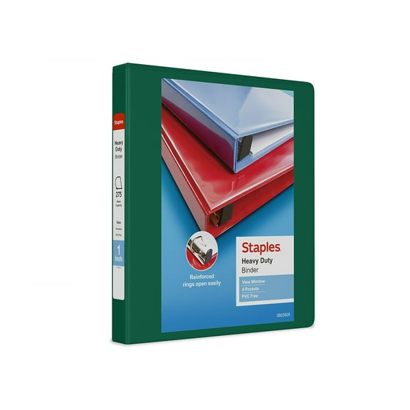 Staples Heavy Duty 1" 3-Ring View Binder Green (24670) 82708